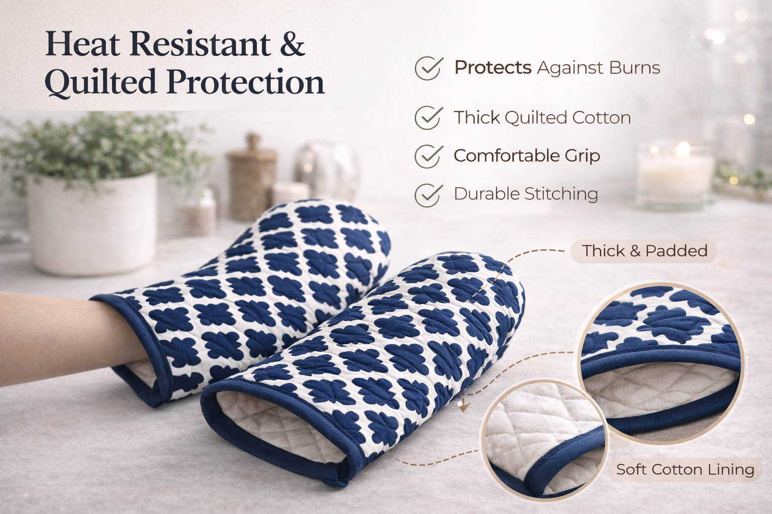 Quilted Cotton Oven Mitts – Heat Resistant Kitchen Gloves (Pair)