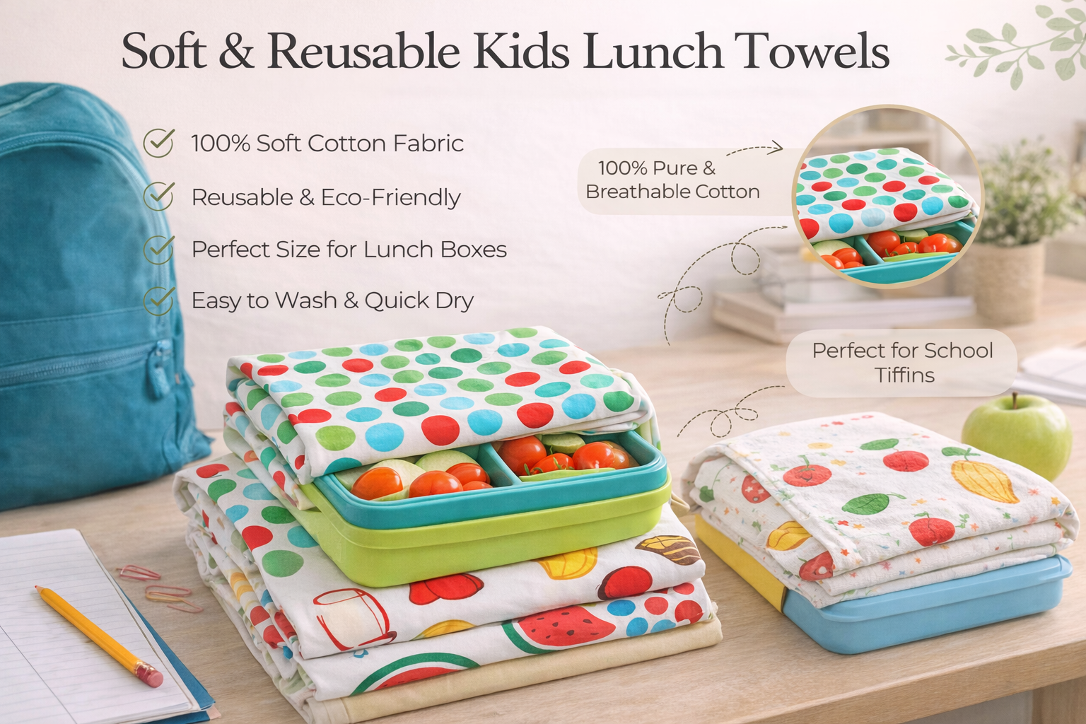 Kids Reusable Cotton Lunch Towels – Pack of 6 | Soft School Essential