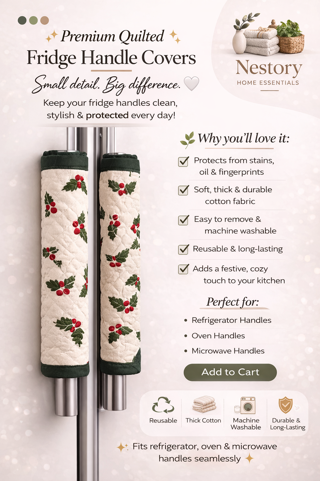 Premium Quilted Fridge Handle Covers – Festive Cotton Protective Handle Wraps (Set of 2)