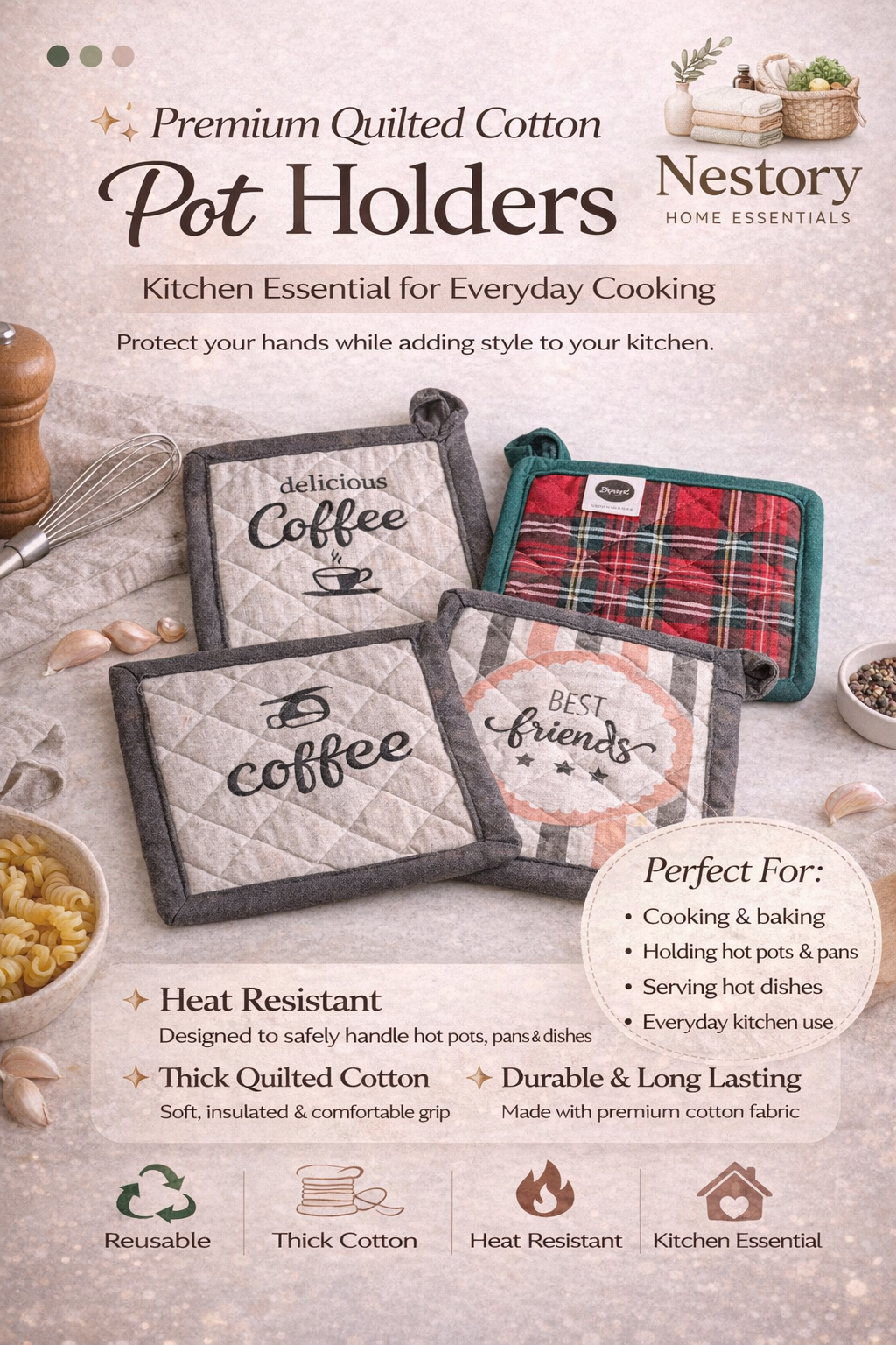 Quilted Cotton Pot Holders (Set of 2) – Heat Resistant Kitchen Pads