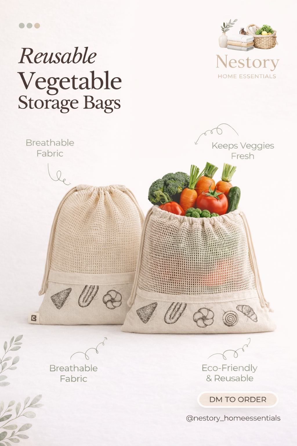 Reusable Organic Cotton Mesh Produce Bags (Pack of 5) – Eco-Friendly Grocery Storage